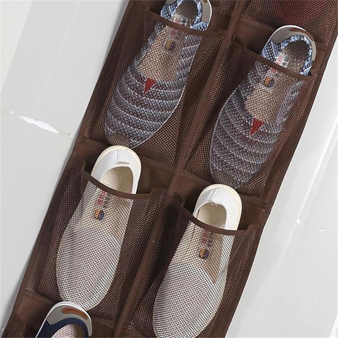 Over The Narrow Door Shoe Organizer With 12 Pockets Hanging Closet Door Space Saving Hanging Shoe Holder For Maximizing Shoe Storage(Brown), 168x30cm