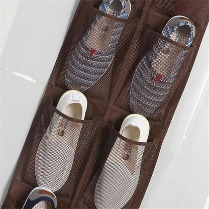 Over The Narrow Door Shoe Organizer With 12 Pockets Hanging Closet Door Space Saving Hanging Shoe Holder For Maximizing Shoe Storage(Brown), 168x30cm