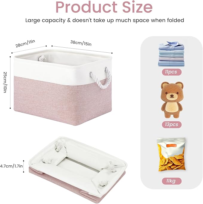 Large Storage Baskets- 15x11x10 inch Storage Bins for Shelves and Closet Organizing, Foldable Fabric Bin for Home Organization Clothes and Laundry (6-Pack, White&Pink)