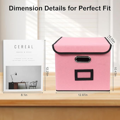 File Storage Box with Lid, 15.55x12.87x10.43 Inches, Foldable Organizer with Handles & Label Slot, for File Storage, Home, Office, and Closet Organization(Pink)