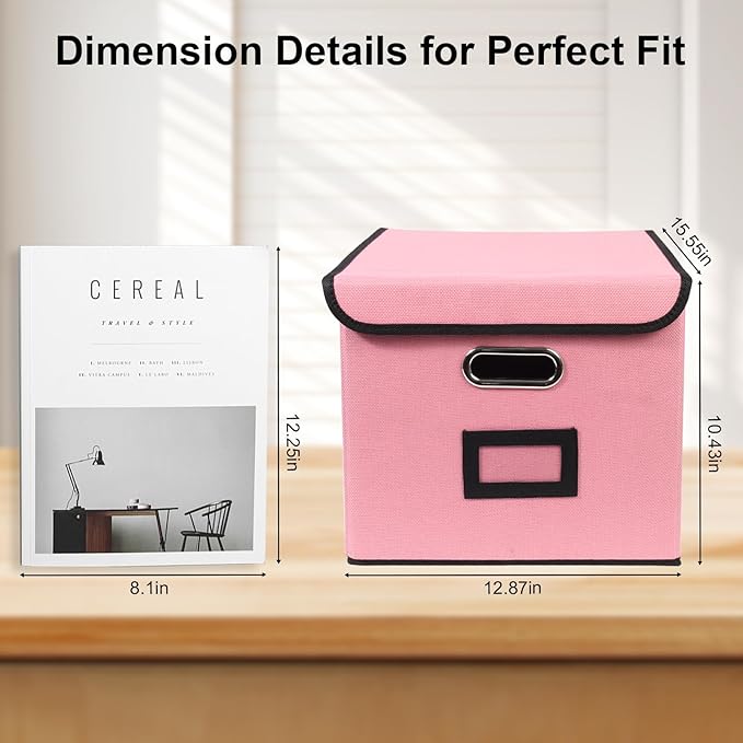 File Storage Box with Lid, 15.55x12.87x10.43 Inches, Foldable Organizer with Handles & Label Slot, for File Storage, Home, Office, and Closet Organization(4 Packs, Pink)