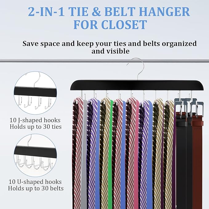 4 Pack Tie Rack & Belt Hanger, 2 in 1 Ties Hanger for Closet, Ties Organizer for Men, Space Saving Necktie Organizer with 20 Hooks, Sturdy Wood Belt & Tie Collection for Closet (Black)