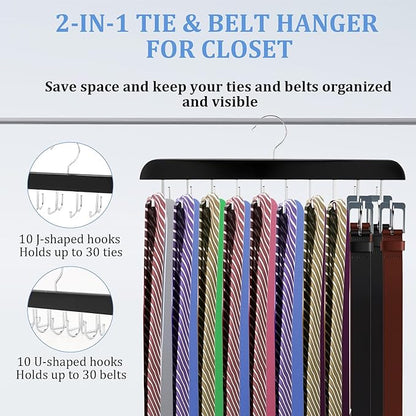 4 Pack Tie Rack & Belt Hanger, 2 in 1 Ties Hanger for Closet, Ties Organizer for Men, Space Saving Necktie Organizer with 20 Hooks, Sturdy Wood Belt & Tie Collection for Closet (Black)