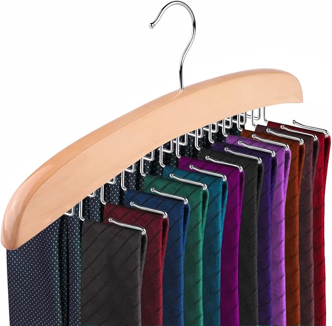 Wooden Tie Hanger,24 Tie Organizer Rack Hanger Holder Hook (Beige, 24 Hooks)