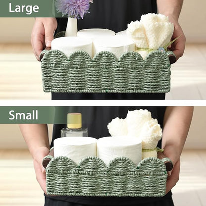 Set of 2 Toilet Paper Storage, Handwoven Small Scalloped Basket with Built-in Handles, Wicker Basket for Home, Living Room(Green)
