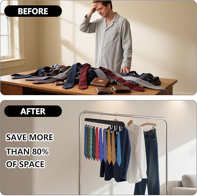 4 Pcs Tie Organizer for Closet, Wood Belt Hanger 2 in 1 Tie Racks for Men Closet with 20 Folding Hooks(Black)