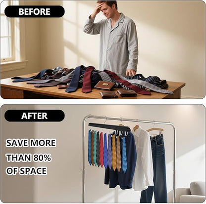 4 Pcs Tie Organizer for Closet, Wood Belt Hanger 2 in 1 Tie Racks for Men Closet with 20 Folding Hooks(Black)