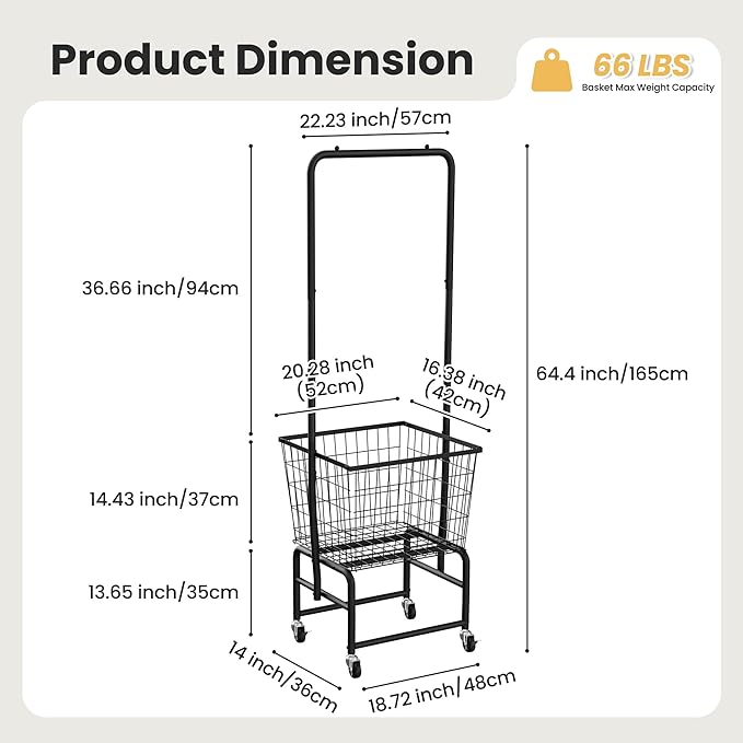 Rolling Laundry Cart with Wheels, Extra Large Laundry Hamper Basket Organizer with Clothes Hanging Rack, Wire Storage Cloth Shelf Butler, Black