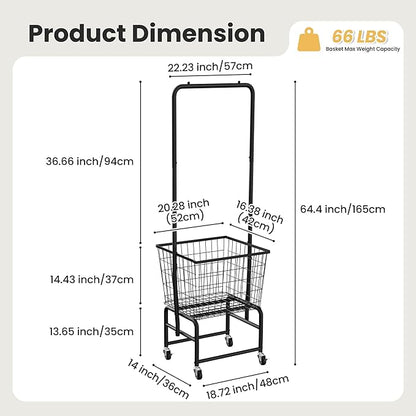 Rolling Laundry Cart with Wheels, Extra Large Laundry Hamper Basket Organizer with Clothes Hanging Rack, Wire Storage Cloth Shelf Butler, Black