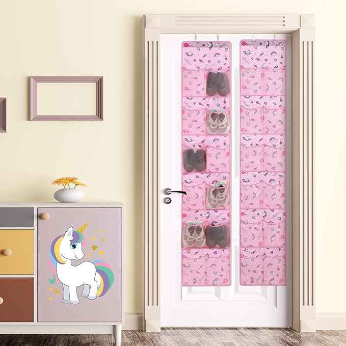Windyun 2 Pcs Kids over The Door Shoe Organizer 24 Pockets Unicorn Baby Water Bottle Organizer Rack Hanging Girls Pink Shoe Storage for School Door Closet Bedroom Wall