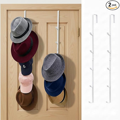 MyGift 2 Pcs Over The Door Hat Organizer, Door Hanger Hat Rack Display Storage, 5 Hooks Heavy Duty, for Coat, Scarf, Purse, White Metal