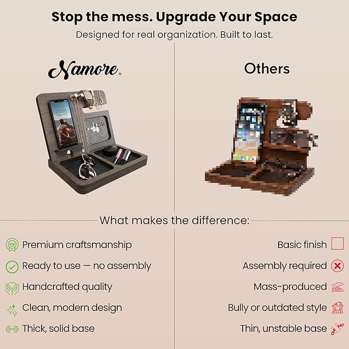 Namore Nightstand Organizer for Women – Wood Phone Docking Station & Jewelry Valet Tray for Phone, Earrings, Wallet & Keys – Unique Gifts for Women, Wife, Mom