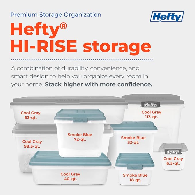 Hefty HI-RISE 32 Qt Stackable Storage Bins with Lids – 6 Pack Clear Plastic Under Bed Storage Containers, Shoe Organizer Boxes with XL Lid-Locking Latches, Comfort-Grip Handles, Durable Double Rim