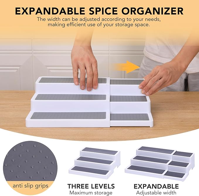 CiWiVOKi 3-Tier Expandable Spice Rack, Plastic Spice Rack Organizer for Cabinet, Adjustable Length, Non-Skid Spice Shelf Organizer for Kitchen Cabinet, Countertop or Pantry, 2 Pack, White/Grey