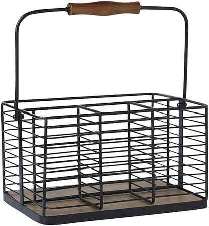 VANRA Utensil Holder Kitchen Condiment Organizer Utensil Caddy Storage Basket Organizer Metal Flatware Caddy with Wood Handle, Black