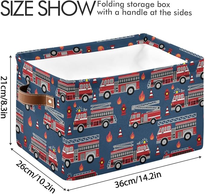 Fire Trucks Large Storage Basket Cube Storage Bin Canvas Fabric Organizer Handles Collapsible Decorative for Clothes Toys Bedroom
