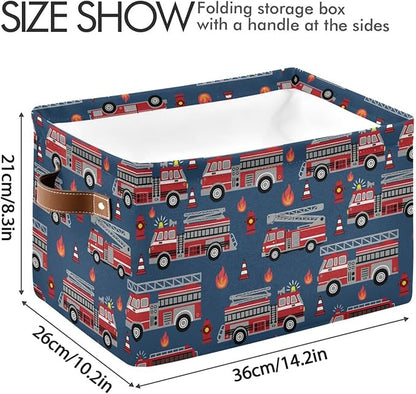 Fire Trucks Large Storage Basket Cube Storage Bin Canvas Fabric Organizer Handles Collapsible Decorative for Clothes Toys Bedroom