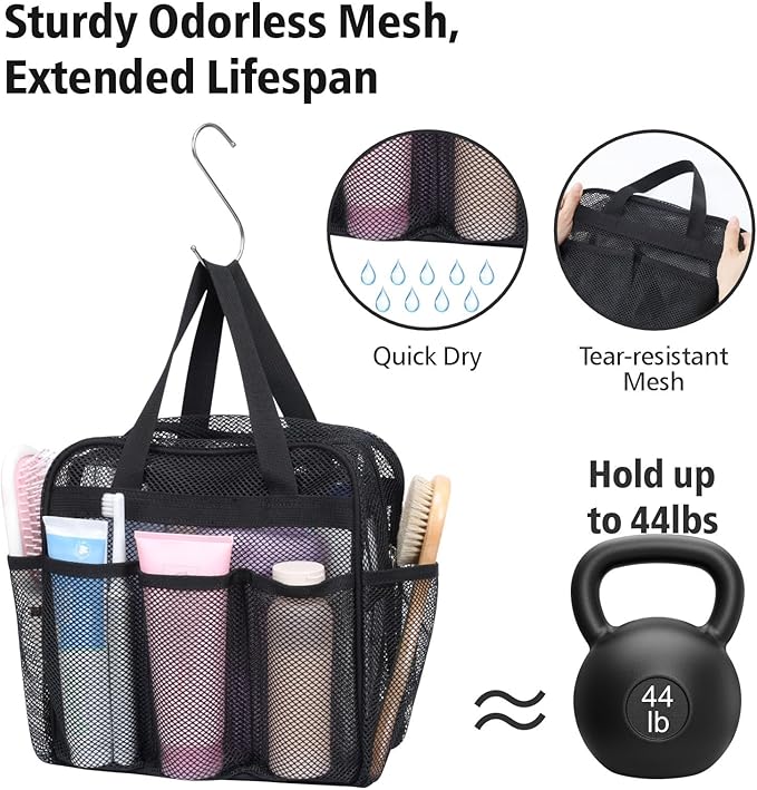 F-color Mesh Shower Caddy Portable with Zipper - Upgrade Deeper 7 Pockets Dorm Room Essentials for Guys Girls with S Hook, Shower Bag Basket Tote for College Camping Toiletry Bathroom, Black