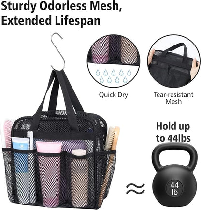 F-color Mesh Shower Caddy Portable with Zipper - Upgrade Deeper 7 Pockets Dorm Room Essentials for Guys Girls with S Hook, Shower Bag Basket Tote for College Camping Toiletry Bathroom, Black