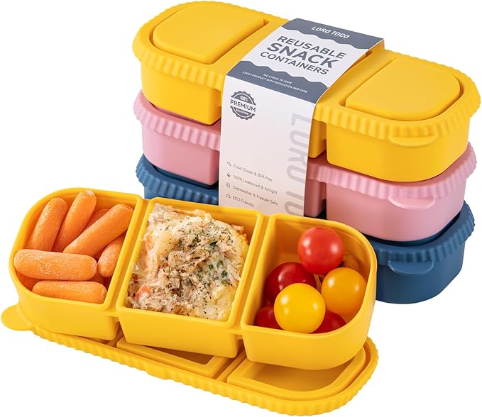 3 Pack Silicone Reusable Snack Containers with Lids - 3 Compartment Snackle Box for Kids & Adults, BPA-Free & Leakproof, Small for Dressing, Sauces, School, Office, Picnic（Blue, yellow, pink）
