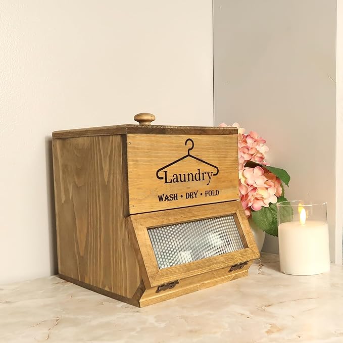 Laundry Pod Holder - 2 Tiered Rustic Wooden Dispenser, Dryer Sheet Container for Laundry Room Organizer, Brown