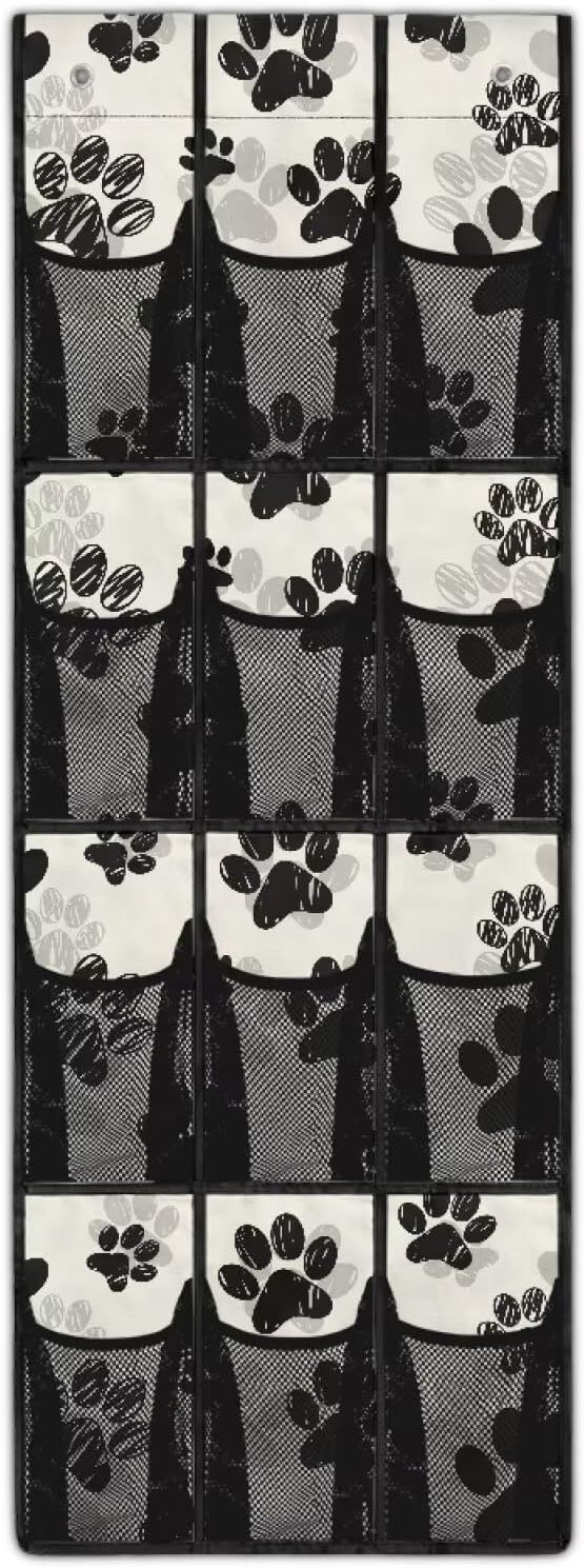 12-Pocket Behind The Door Storage Organizer, Oxford Material Waterproof Foldable and Designed for Bathroom Pantry or Bedroom Use, Black Dog Paw Print