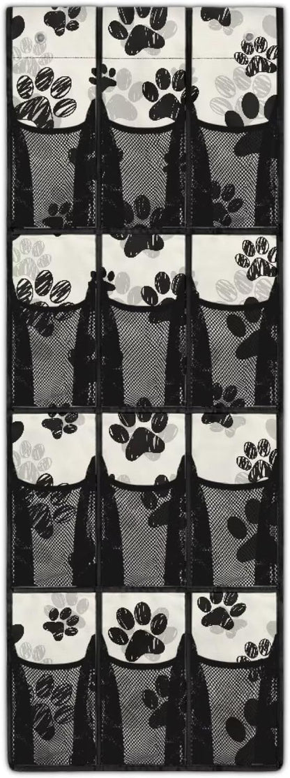 12-Pocket Behind The Door Storage Organizer, Oxford Material Waterproof Foldable and Designed for Bathroom Pantry or Bedroom Use, Black Dog Paw Print