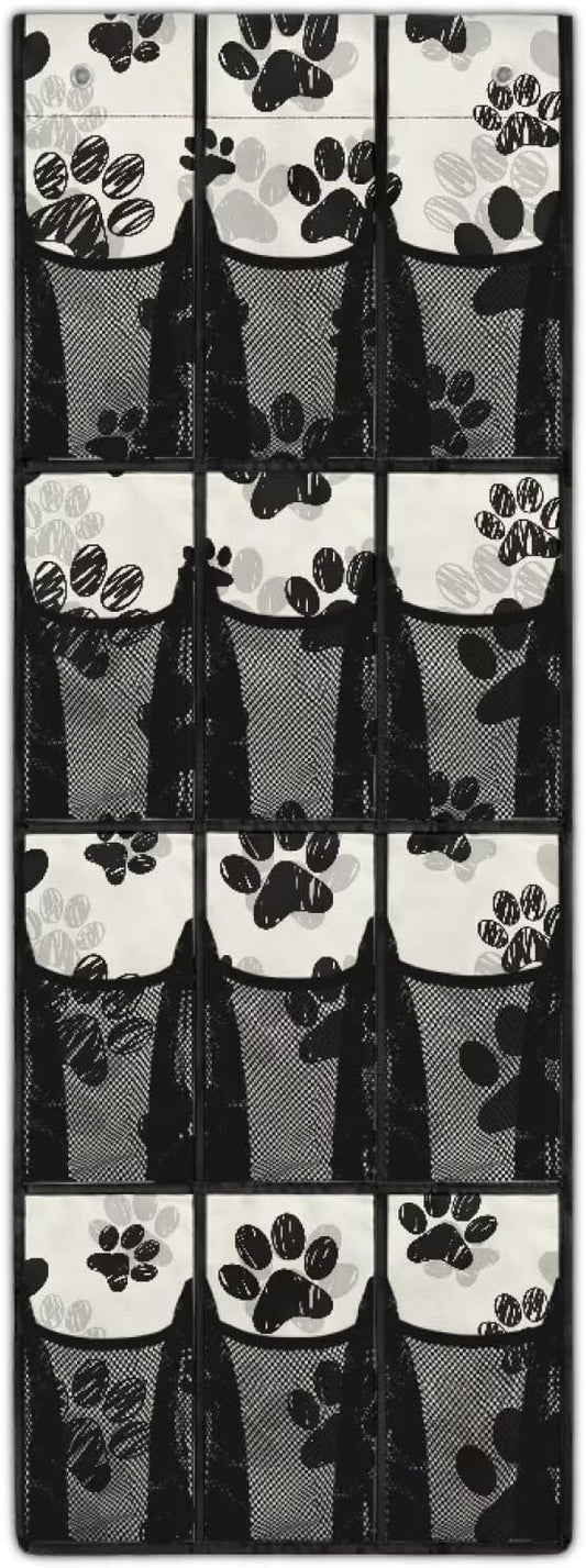 12-Pocket Behind The Door Storage Organizer, Oxford Material Waterproof Foldable and Designed for Bathroom Pantry or Bedroom Use, Black Dog Paw Print