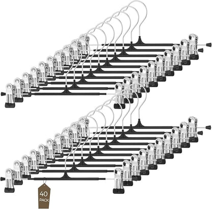 40 Pcs Pants Hangers with 2 Clips - 12.2 Inch Long Adjustable Non-Slip Trousers Skirt Bottom Hanger, Black Adjustable Heavy Duty Space Saving Metal Clips for Skirt,Pants,Trousers,Shorts