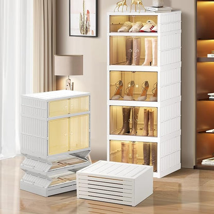 CIMLORD 5-Tier Foldable Shoe Rack Organizer for Closet 10Pairs Plastic Collapsible Shoes Storage Box Clear Shoe Boxes Stackable with Door Easy Assembly Shoe Cabinet Bins with Lids Large