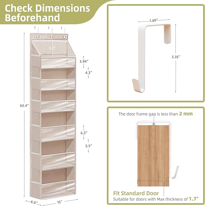 Over Door Organizer with 6 Extra Large Pockets and 12 Side Pockets, Large Capacity Hanging Storage Organizer with Clear Window for Shoes, Diapers, Beige, 6 Layers, 2-Pack