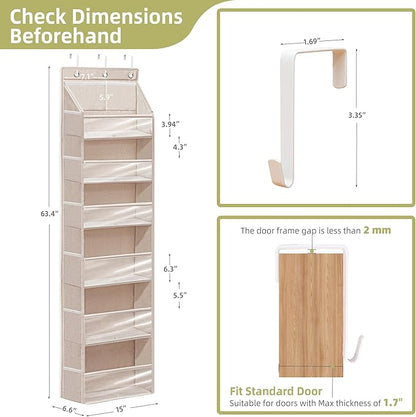Door Shoe Organizer with 6 Extra Large Pockets and 12 Side Pockets, Large Capacity Hanging Storage Organizer with Clear Window for Shoes, Diapers, Beige, 6 Layers, 4-Pack