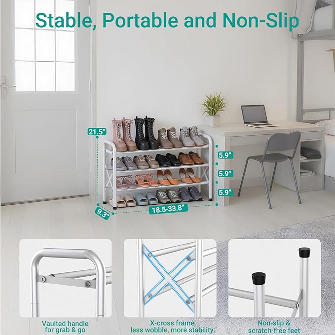 YEASHEIN 3-Tier Expandable Shoe Rack for Closet Floor, X-Frame Metal Small Shoe Rack for Entryway, Adjustable Shoe Shelf Organizer, Free Standing Shoe Racks for Front Door Entrance, Garage - White