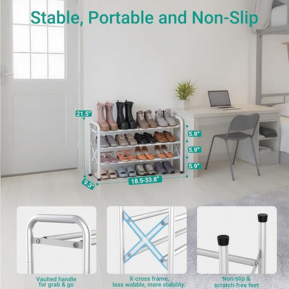 YEASHEIN 3-Tier Expandable Shoe Rack for Closet Floor, X-Frame Metal Small Shoe Rack for Entryway, Adjustable Shoe Shelf Organizer, Free Standing Shoe Racks for Front Door Entrance, Garage - White
