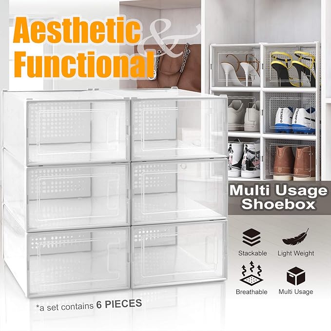 AJP Distributors 6 Collapsible Stackable Shoe Organizer Racks for Closets and Entryway Shoes Storage Cabinet Storage Bins Men Women Kids Guest Sneakers Clear Plastic Boxes Lids Small Medium Or Large