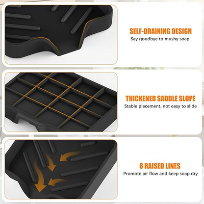 2 Pack Silicone Soap Dish, Self Draining Soap Dish, Non Slip Bar Soap and Sponge Holder for Bathroom Kitchen Sink Counter Organizer Easy to Clean Soap Tray Waterfall Soap Saver (Black&Beige)
