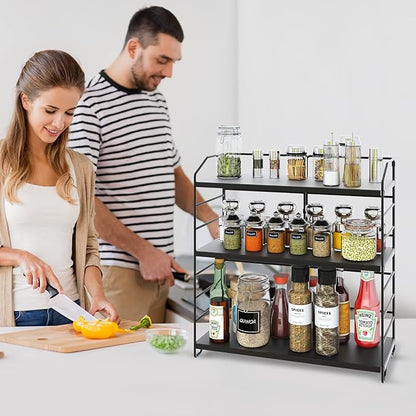 BOIVSHI Bathroom Countertop Organizer, 3-Tier Bathroom Counter Organizer, 8-Levels Height Adjustable, Bathroom Organizer for Kitchen, Pantry, Livingroom, Offices Storage, Metal Black