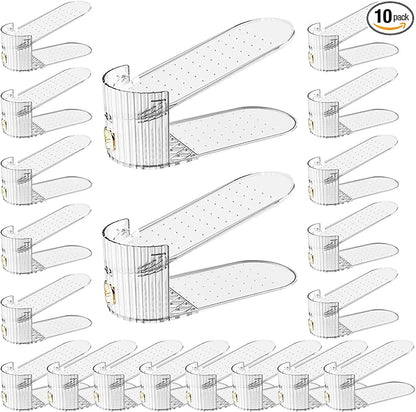 Adjustable Slot Organizer for Pairs of Shoes, Space Saver, Double Deck Riser Rack, Closet Organizer (Clear, 20 Pack)