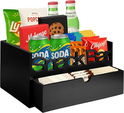 Snack Bar Organizer – Black 3 Compartment Station with Drawer, Countertop Pantry Organizer for Kitchen, Office Food Holder, Candy Storage Bin, Display Stand, Cabinet Tray & Shelf