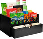 Snack Bar Organizer – Black 3 Compartment Station with Drawer, Countertop Pantry Organizer for Kitchen, Office Food Holder, Candy Storage Bin, Display Stand, Cabinet Tray & Shelf