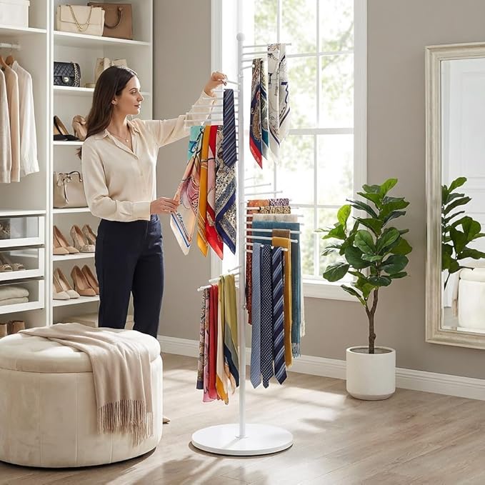 DYRABREST 67" Freestanding Scarf Organizer, Metal Spiral Scarf Holder with 30 Rods, Commercial Hijab Organizer Belt Pants Hanger for Clothing Store Home, Space Saving Shelves (White)