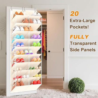 UVIAHOMI 20-30 Pairs Over the Door Shoe Organizer, Clear Pockets Hanging Shoe Storage for Closet, 10-Tier Door Shoes Rack, Handing Shoes Holder Fit All the Family's Sneakers, Boots, Heels, Beige