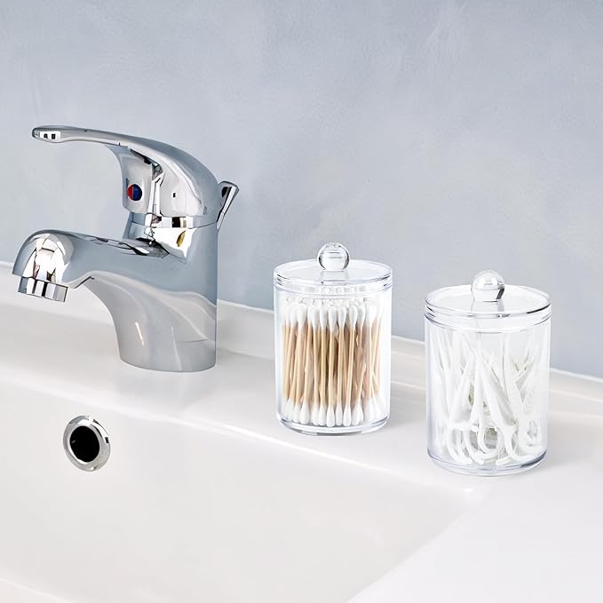 Clear Bathroom Organizer with Lid - 2-Pack Cotton Ball and Cotton Swab Storage Tins for Vanity Storage
