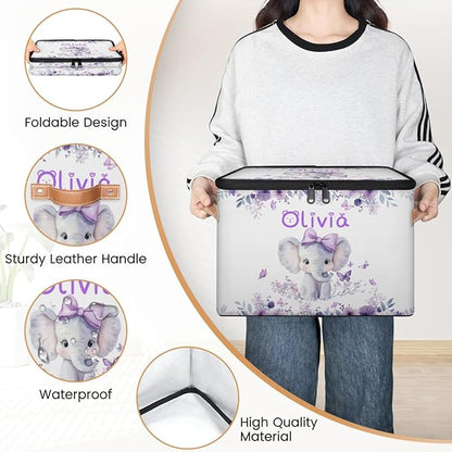 Custom Elephant Storage Bins with Lid, Foldable Personalized Storage Basket Boxes with Handle Purple Flowers Shelf Basket Closet Organizer Cube