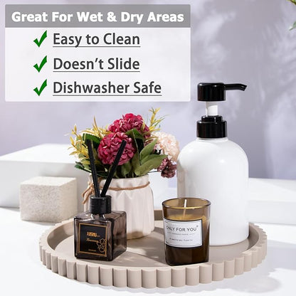 HighHerz Silicone Bathroom Countertop and Vanity Tray-10 Inch Round Silicone Bathroom Tray, Modern Bathroom Decor, Coffee Table Decor, Decorative Tray for Candle, Perfume, Plants (Khaki)