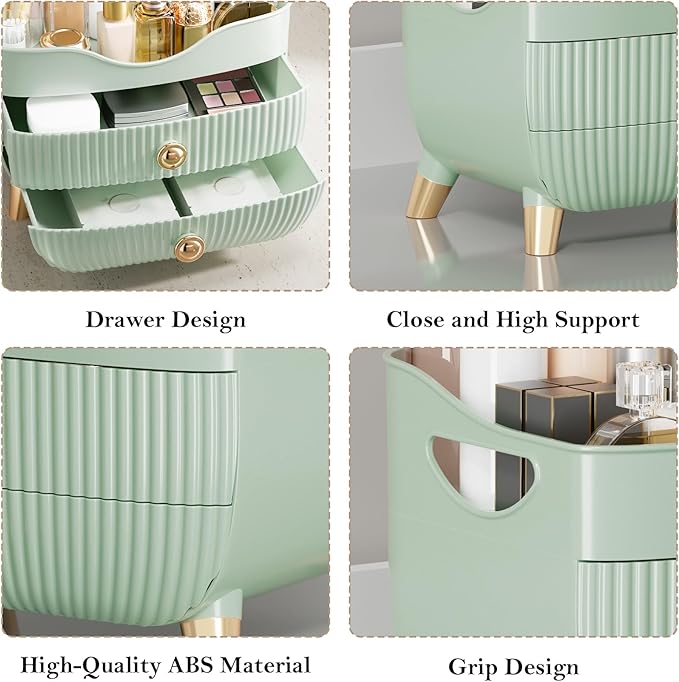 Makeup Organizer for Vanity, Large Capacity Skincare Cosmetic Organizer Countertop with 2 Drawers, Cosmetic Display Cases Makeup Storage Box for Bedroom, Bathroom, Ideal Gifts for Women(Green)