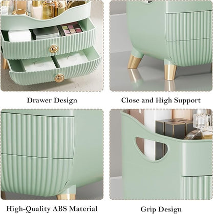 Makeup Organizer for Vanity, Large Capacity Skincare Cosmetic Organizer Countertop with 2 Drawers, Cosmetic Display Cases Makeup Storage Box for Bedroom, Bathroom, Ideal Gifts for Women(Green)