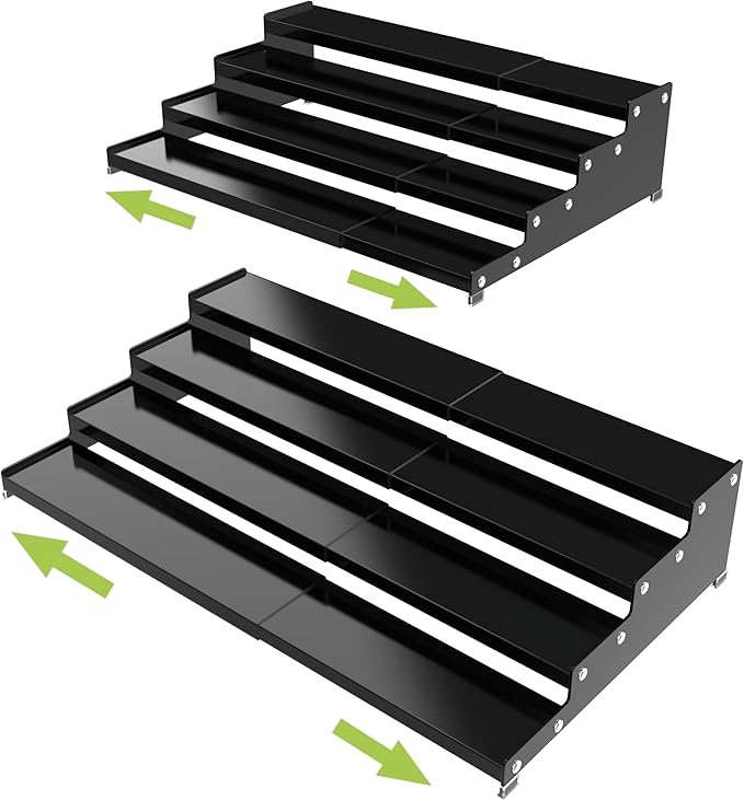 Jojocross Expandable 4-Tier Step Spice Rack Organizer for Kitchen Cabinet Modern Design and Non Skid Space Saving Storage Shelf for Countertop Cabinets Pantry(2Packs/Black)