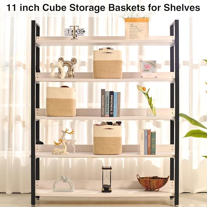 11 Inch Cube Storage Bins, 11x11 Organization Bins for Cube Organizer, Square Cloth Storage Cubes, Woven Storage Baskets for Shelves, Toy Baskets Storage Kids, Off White & Brown (Pack of 3)
