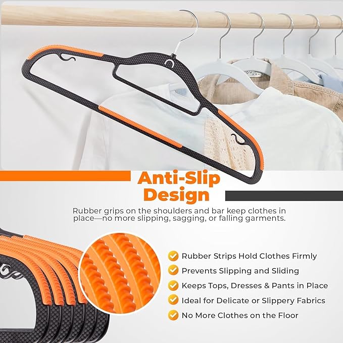 Plastic Hangers 50 Pack, Cascading Slim Space Saving Clothing Hangers with 360° Rotating Hook, Non Slip Clothes Hangers for Sweater Shirt, Heavy Duty Coat Hanger with Inner Hook for Closet, Black